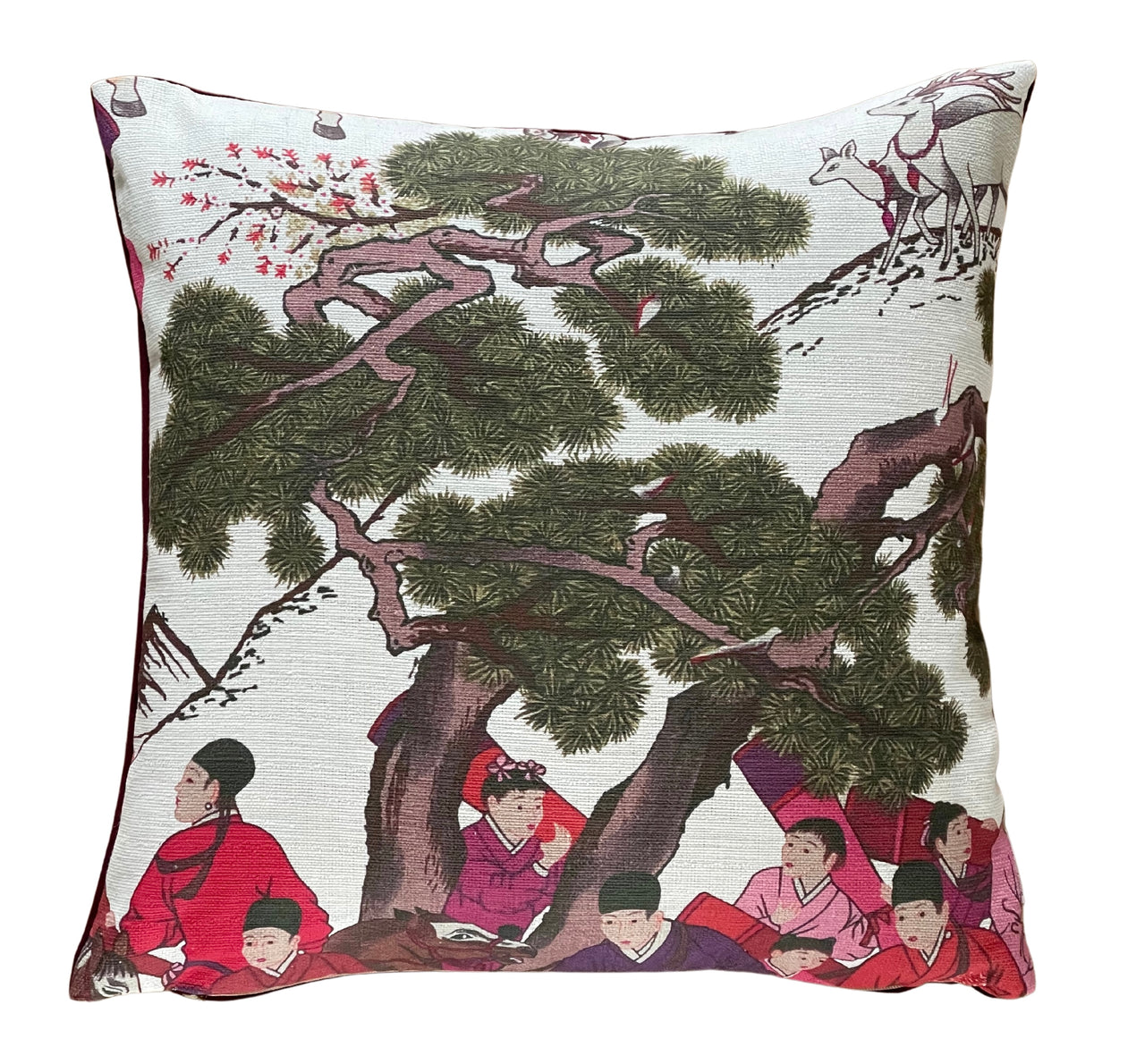 Mongolian Horsemen Oriental Cushion Covers – Red and Pink Outfits with Trees and Animals Design