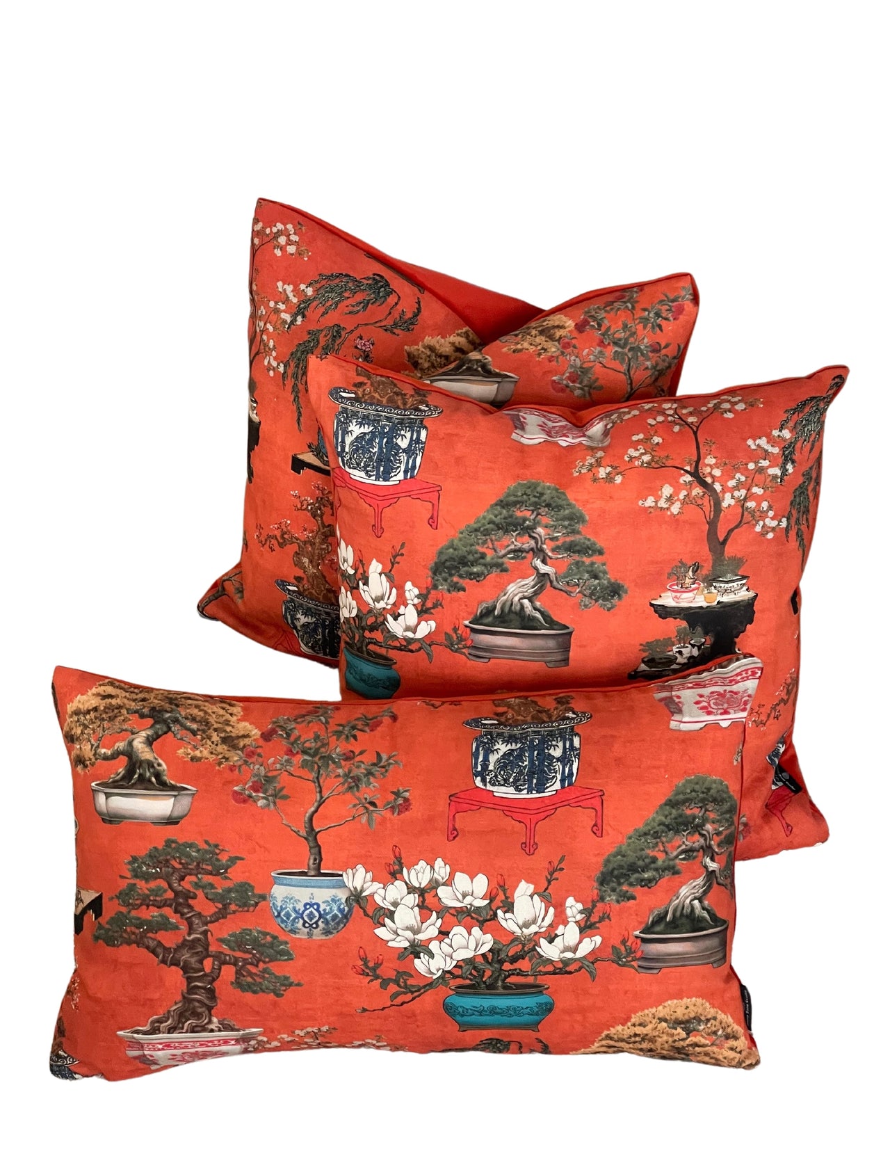 Scarlet Red Cushion Cover – Botanical Oriental Design with Bonsai Trees, Floral Blooms & Ming Pottery