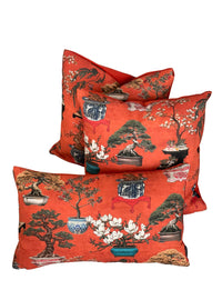 Thumbnail for Scarlet Red Cushion Cover – Botanical Oriental Design with Bonsai Trees, Floral Blooms & Ming Pottery