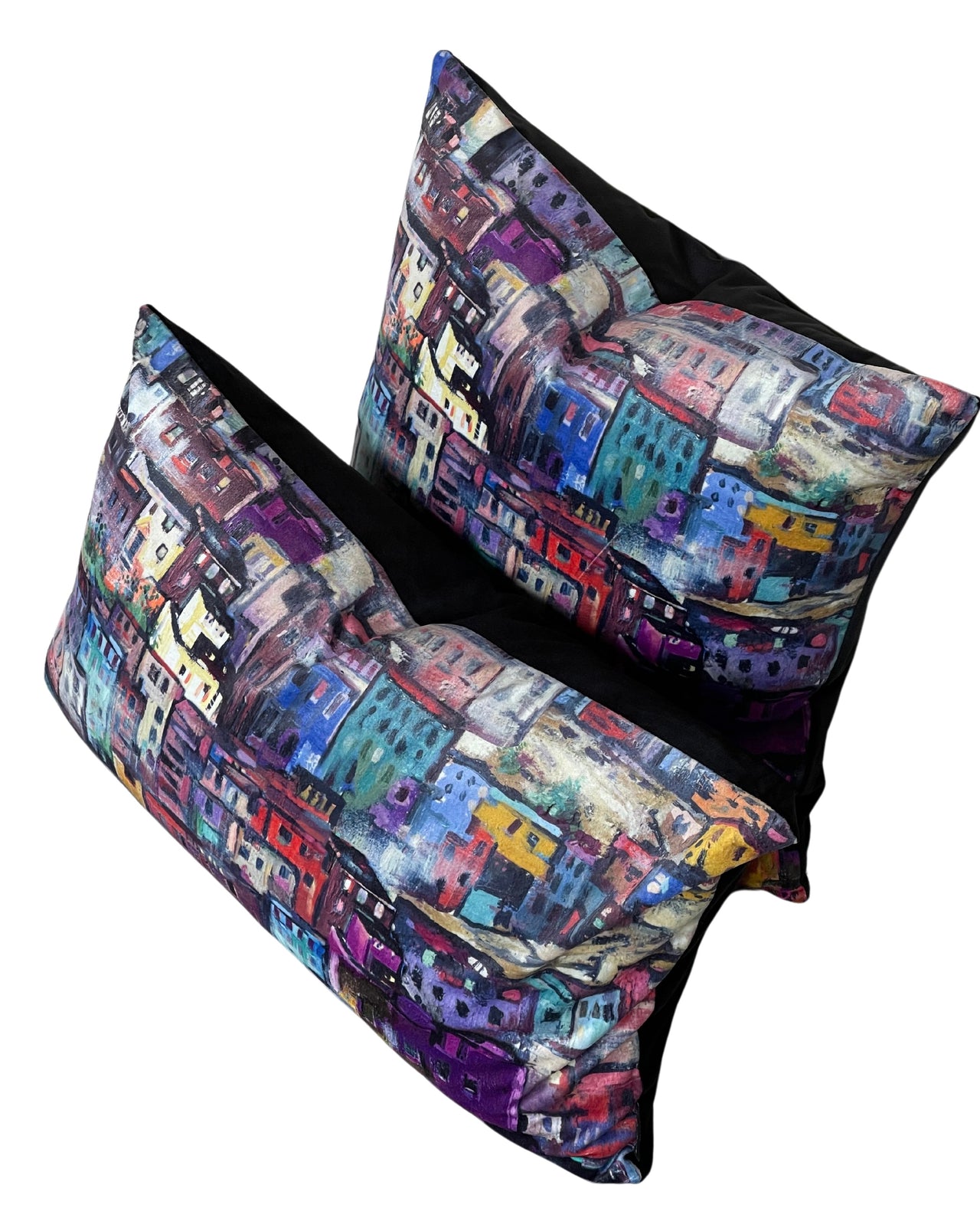 Positano Night Velvet Cushion – Colorful Houses, Coastal Village Scene, Luxury Home Decor