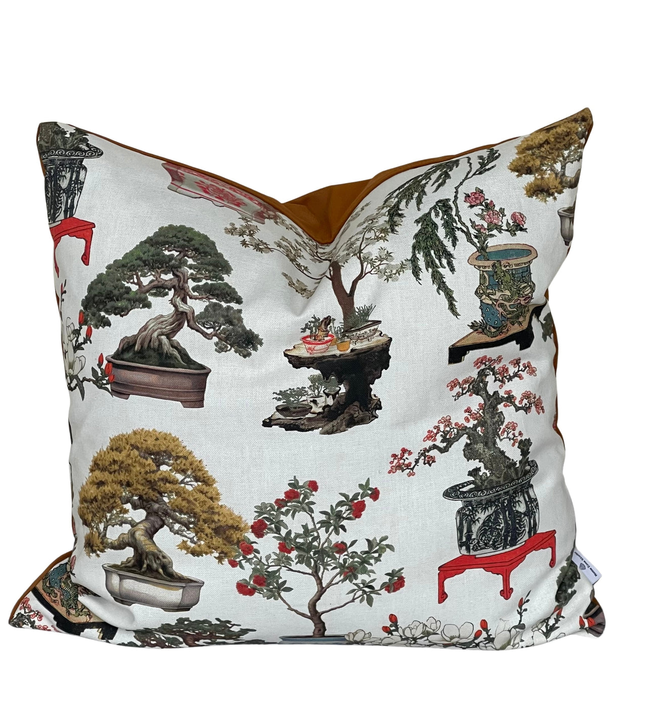 White Cushion Cover – Botanical Oriental Design with Bonsai Trees, Floral Blooms and Ming Pottery