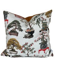 Thumbnail for White Cushion Cover – Botanical Oriental Design with Bonsai Trees, Floral Blooms and Ming Pottery