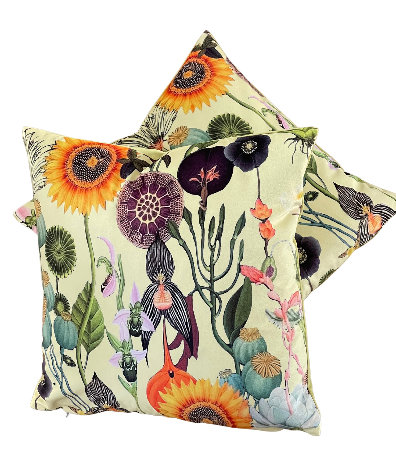 Vintage Yellow Velvet Cushion Cover with Poppies and Sunflowers - Art Deco Botanical Design