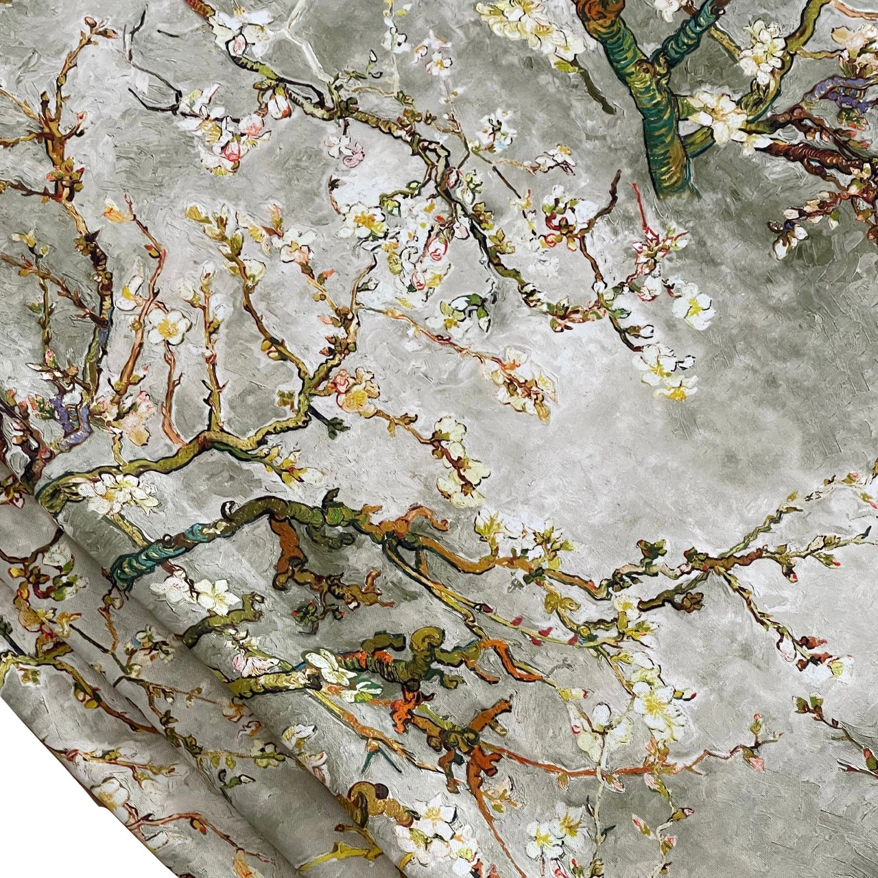 Almond Blossoms Cotton Fabric – Van Gogh Painting in Grey, Green & Yellow Tone - Cherry Blooms Design