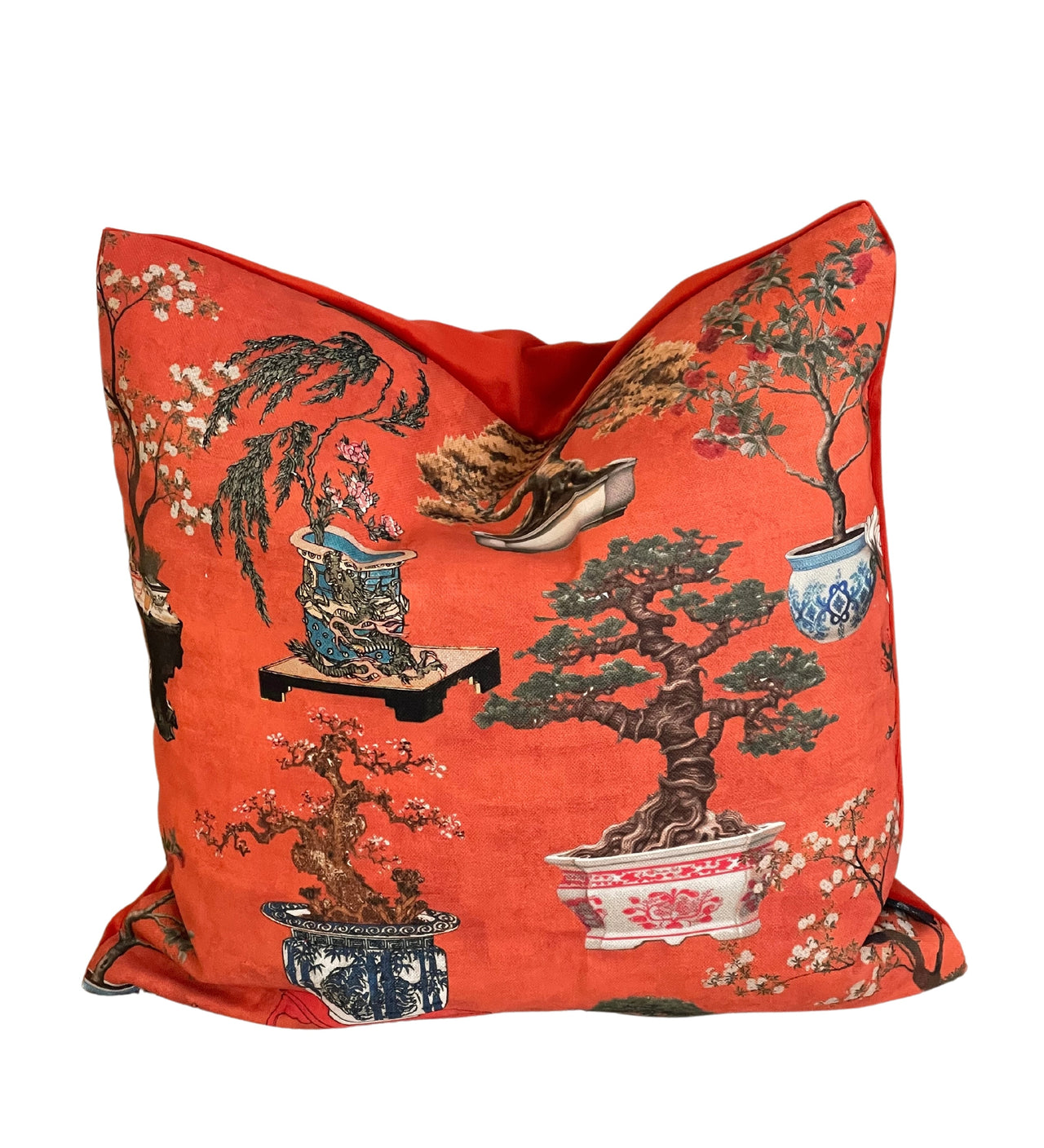 Scarlet Red Cushion Cover – Botanical Oriental Design with Bonsai Trees, Floral Blooms & Ming Pottery