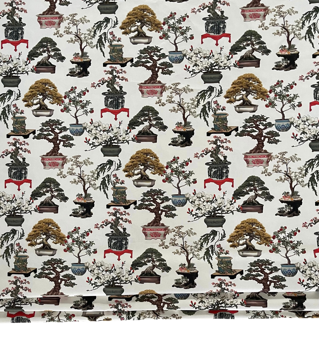 White Oriental Fabric - Japanese Botanical Cotton with Bonsai Trees and Asian Flower Pots