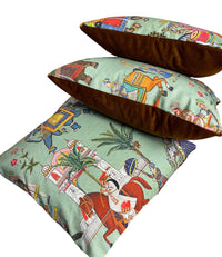 Thumbnail for Indian-Inspired Green Cushion Cover with Maharaja Horses, Elephants, Trees, and Peacocks