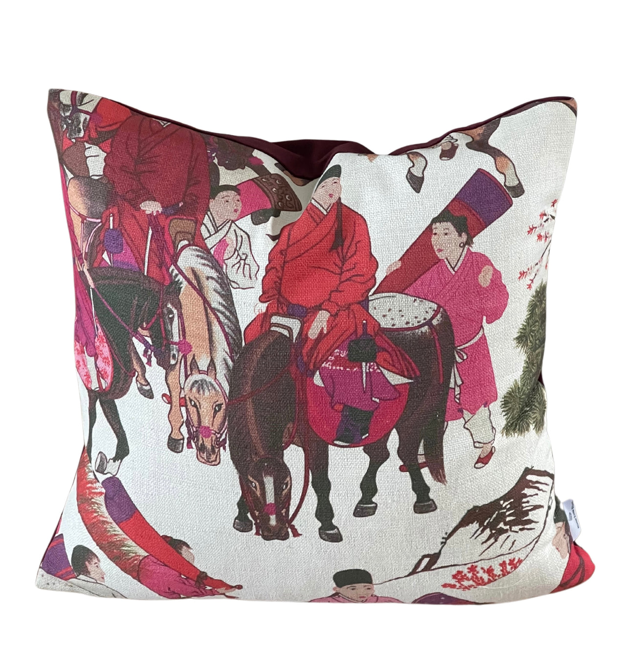 Mongolian Horsemen Oriental Cushion Covers – Red and Pink Outfits with Trees and Animals Design