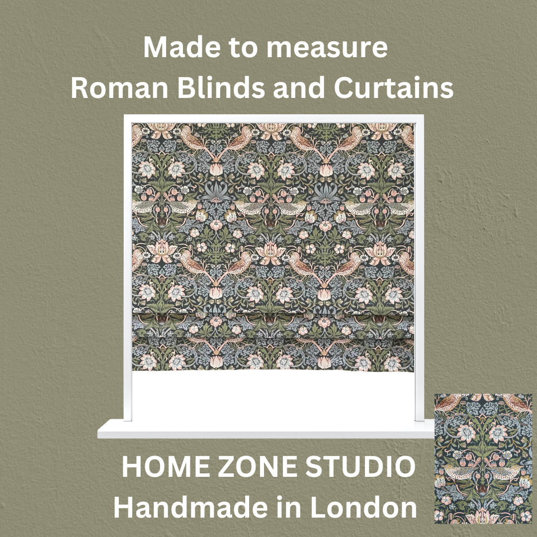 Custom William Morris Roman Blinds / Blue and Green Cotton with Strawberry Thief Pattern - Made to Measure for Home Decor