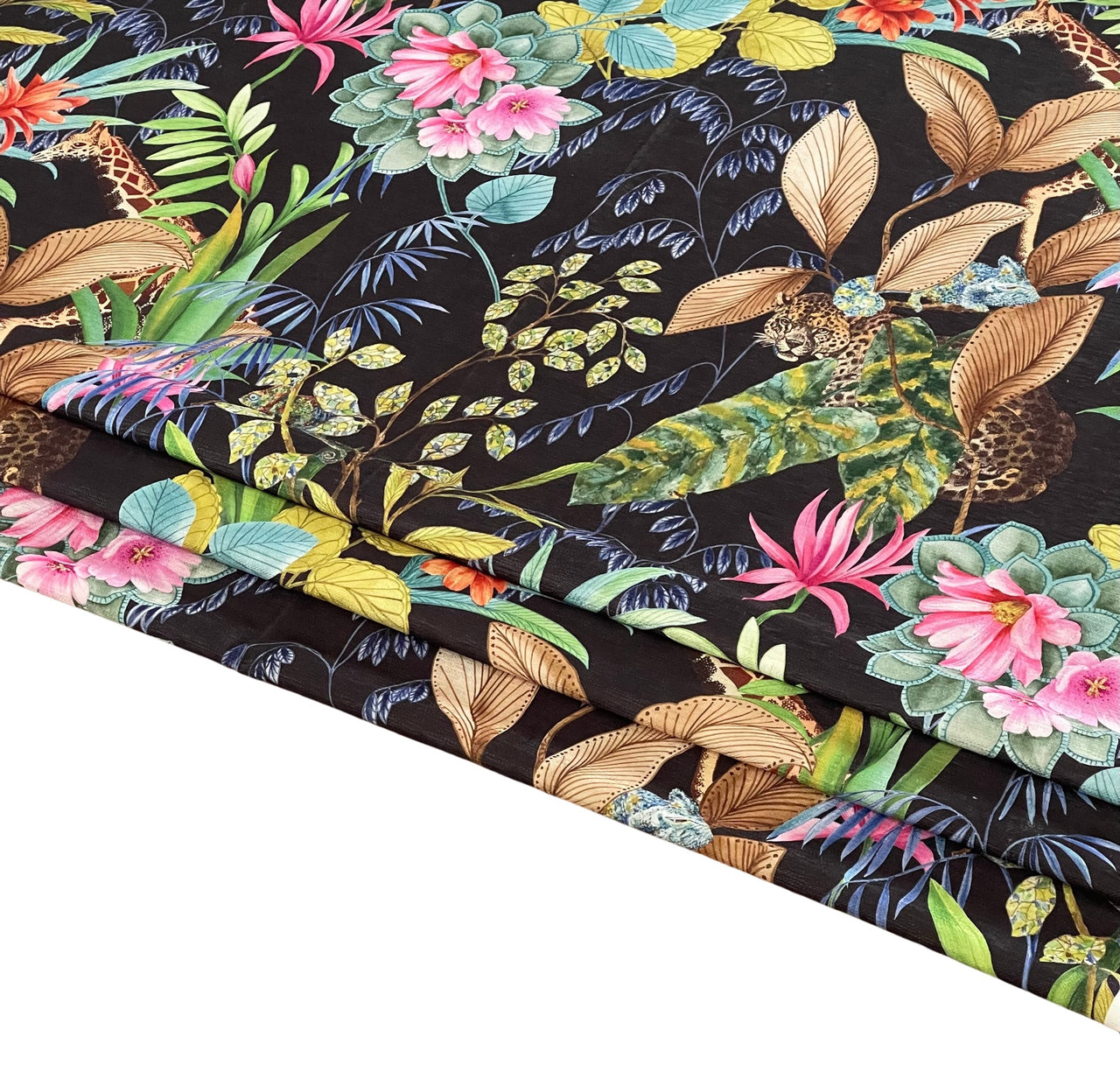 Tonga Jungle Black Fabric with Leopard Giraffe and Floral Botanical Print Animal Pattern Textile for Sewing and Crafts