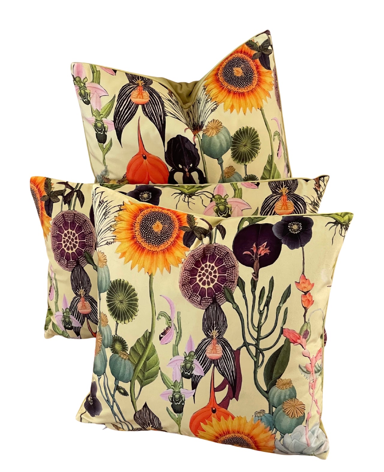 Vintage Yellow Velvet Cushion Cover with Poppies and Sunflowers - Art Deco Botanical Design