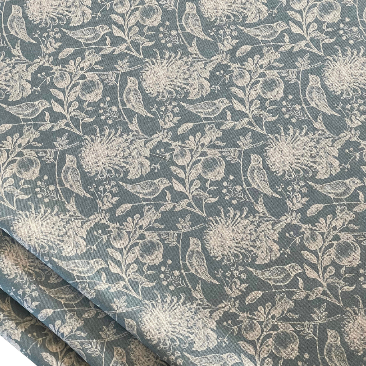 Steel Blue Floral Cotton Linen Fabric with Robin Birds – Ideal for Blinds, Curtains, Quilting, & Home Decor