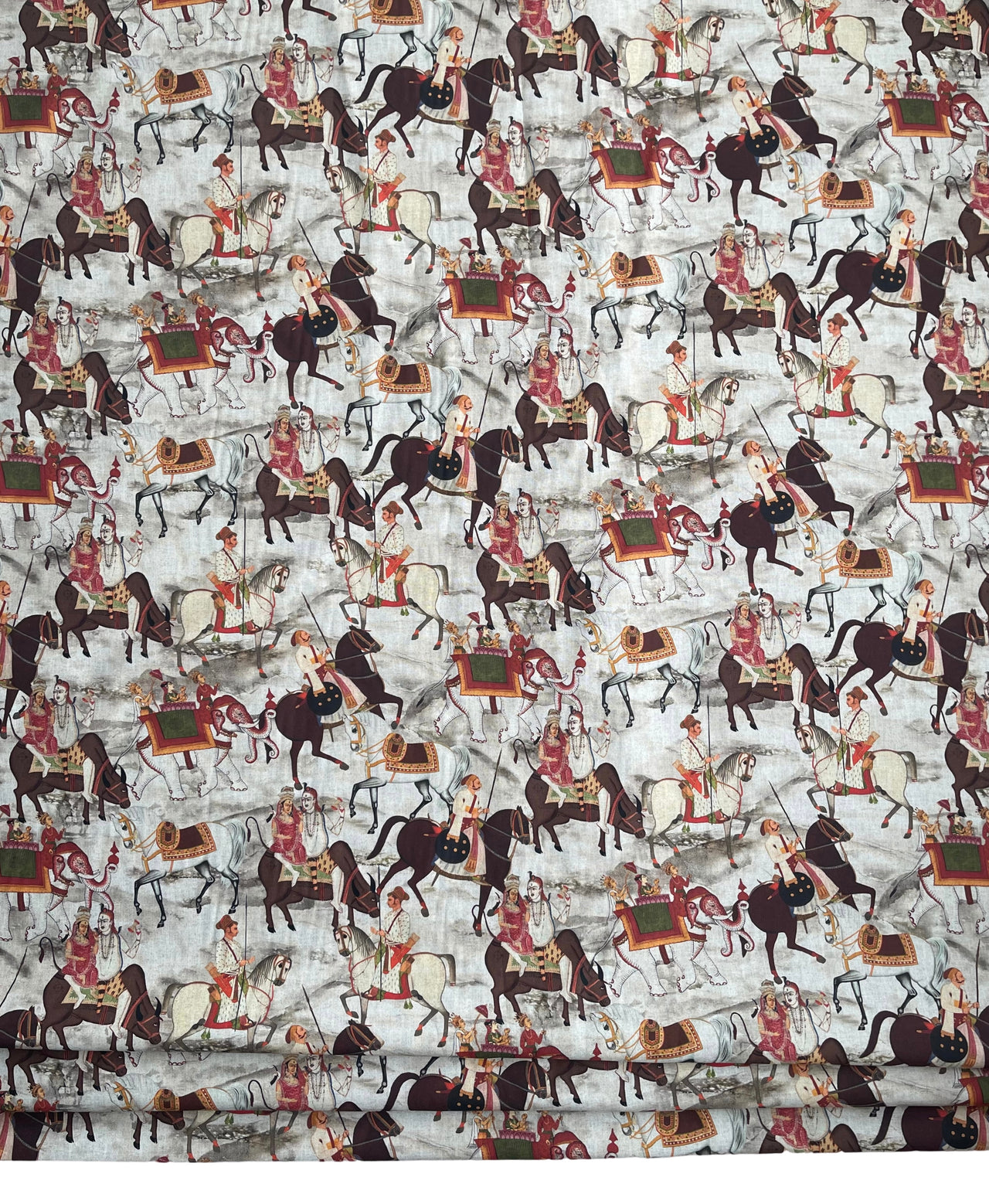 Beige Cotton Fabric with Indian Motif Caravans Horses, Bulls, Elephants  – Perfect for Upholstery and Home Decor