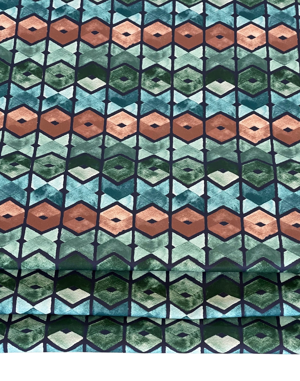 Art Deco Cotton Fabric – Geometric Retro Squares in Blue, Green & Brown for Curtains and Upholstery