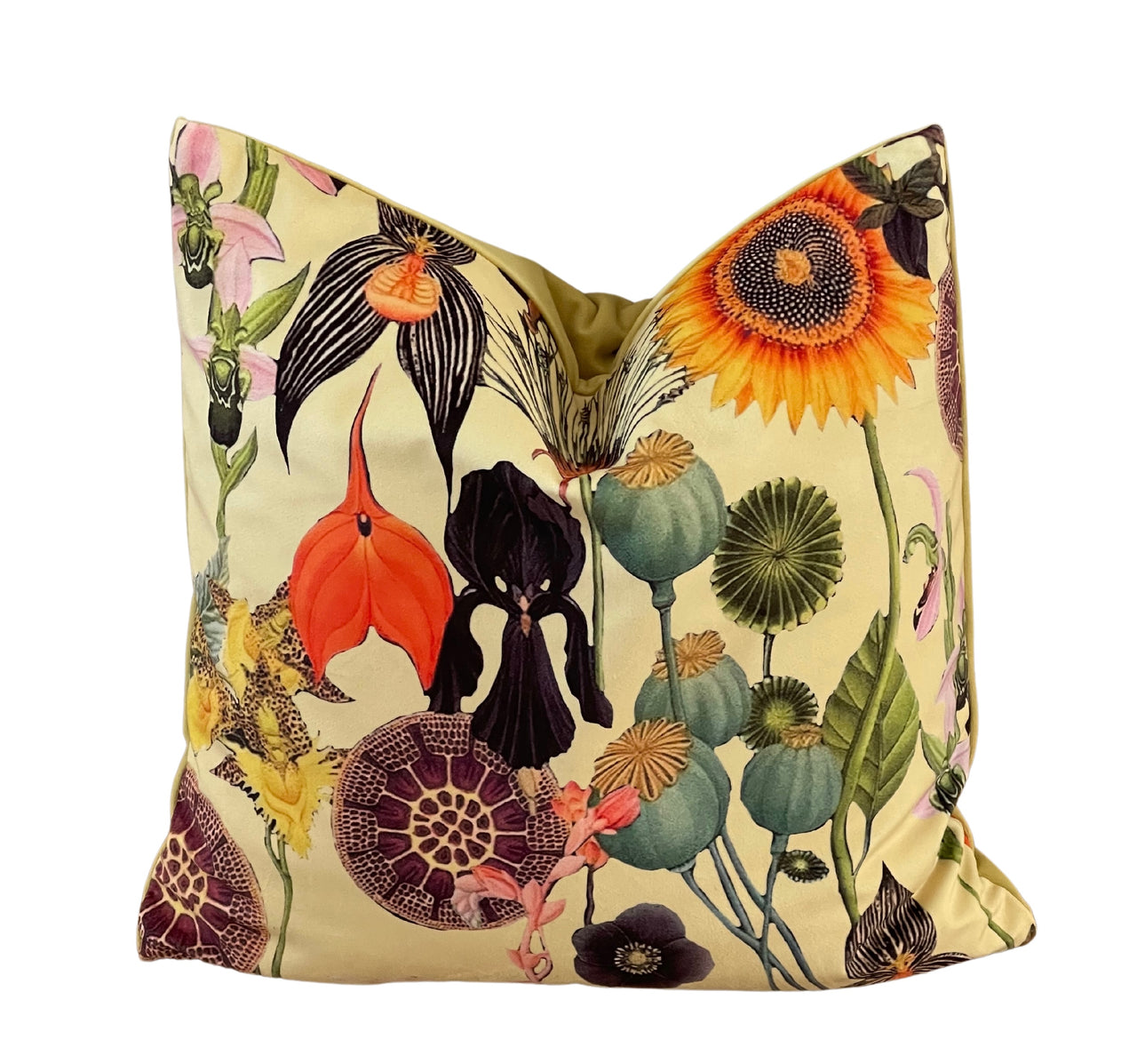 Vintage Yellow Velvet Cushion Cover with Poppies and Sunflowers - Art Deco Botanical Design