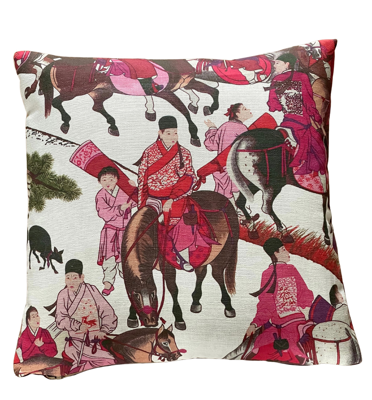 Mongolian Horsemen Oriental Cushion Covers – Red and Pink Outfits with Trees and Animals Design