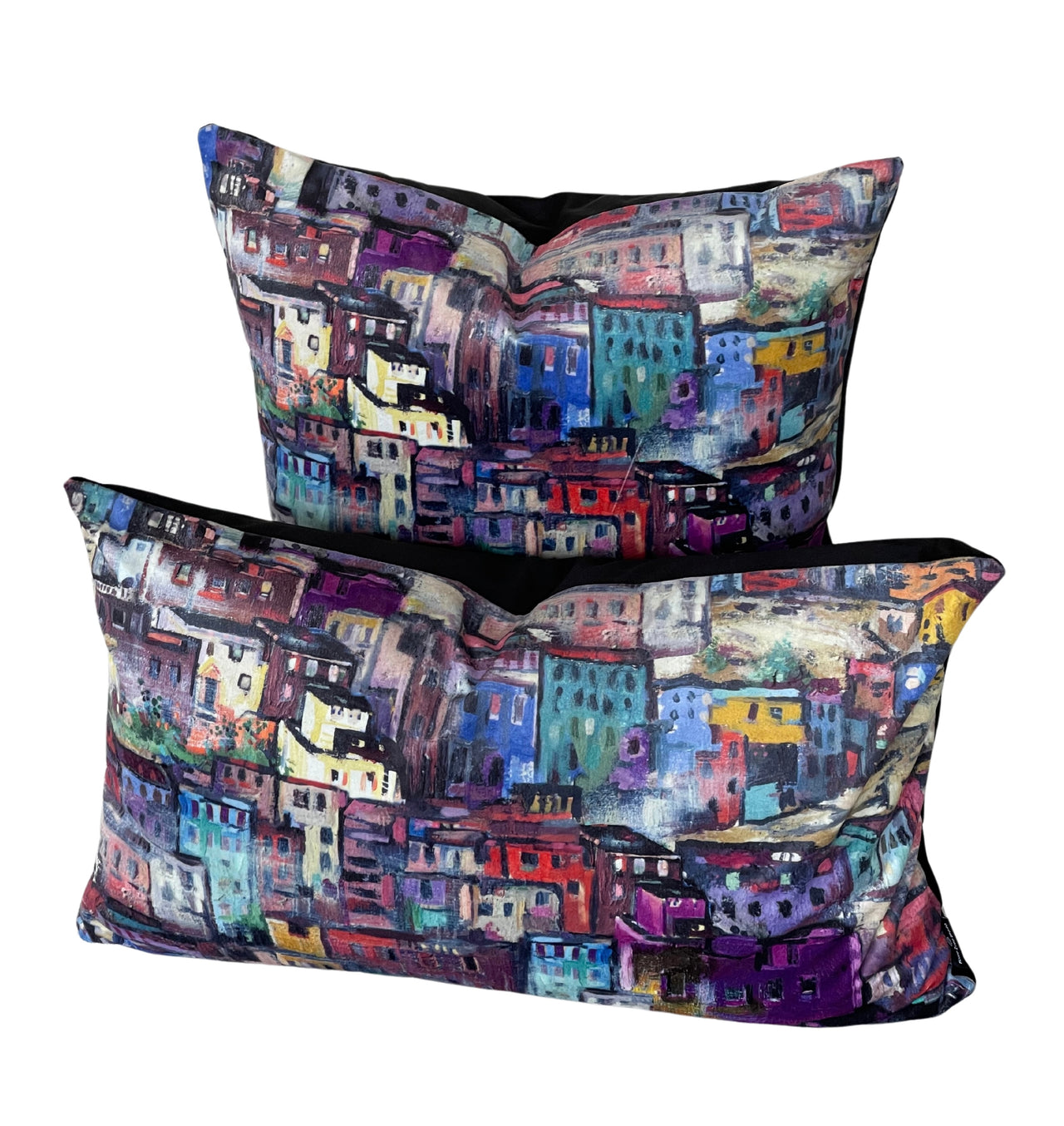 Positano Night Velvet Cushion – Colorful Houses, Coastal Village Scene, Luxury Home Decor