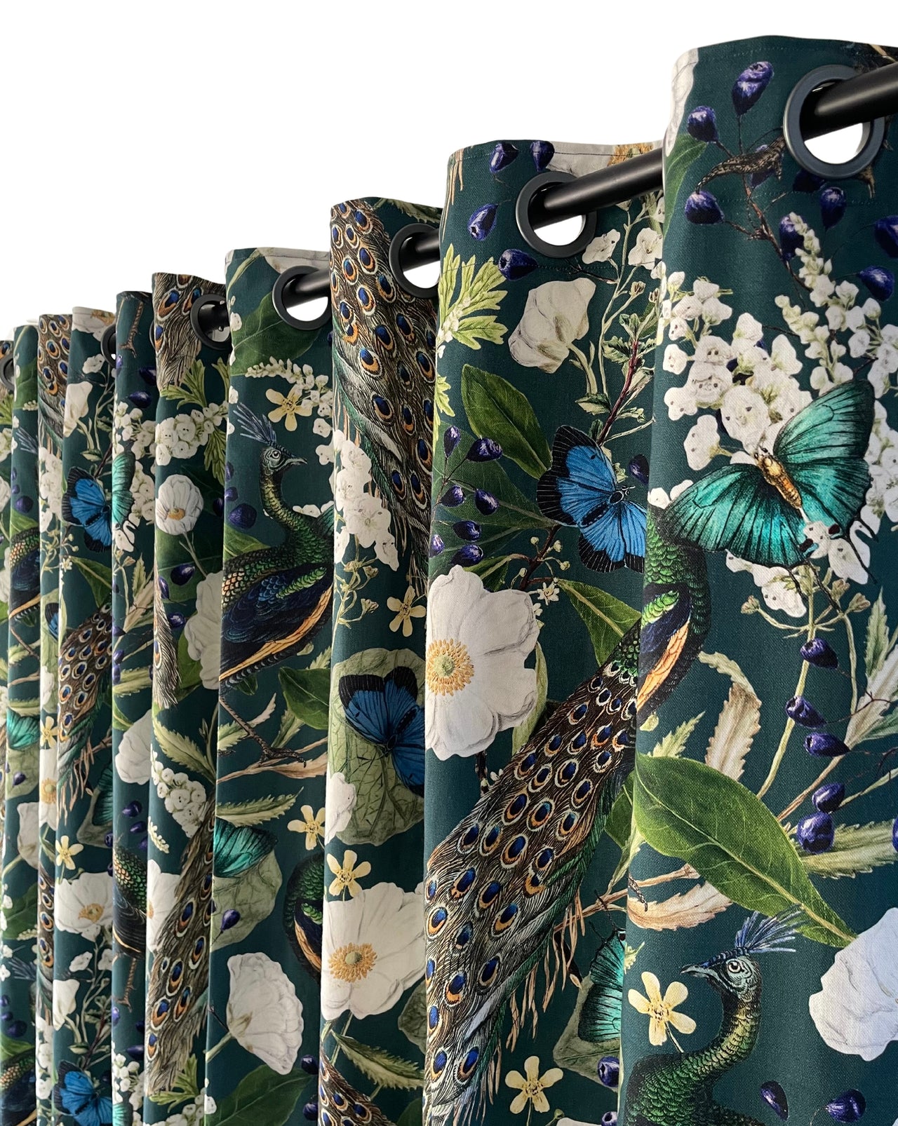 Peacock Printed Cotton Fabric by Meter / Botanical Floral Pattern Birds and Butterflies
