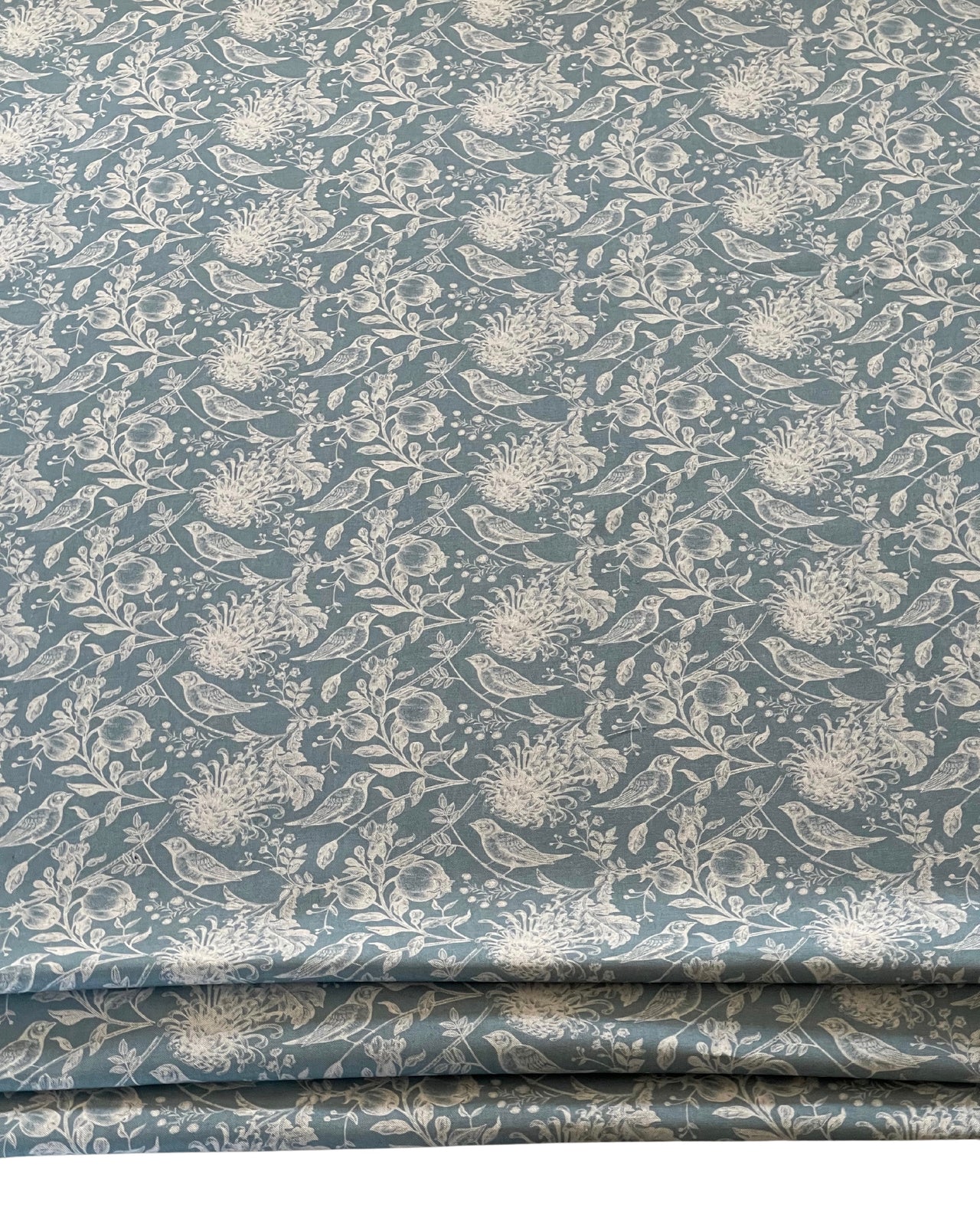 Steel Blue Floral Cotton Linen Fabric with Robin Birds – Ideal for Blinds, Curtains, Quilting, & Home Decor