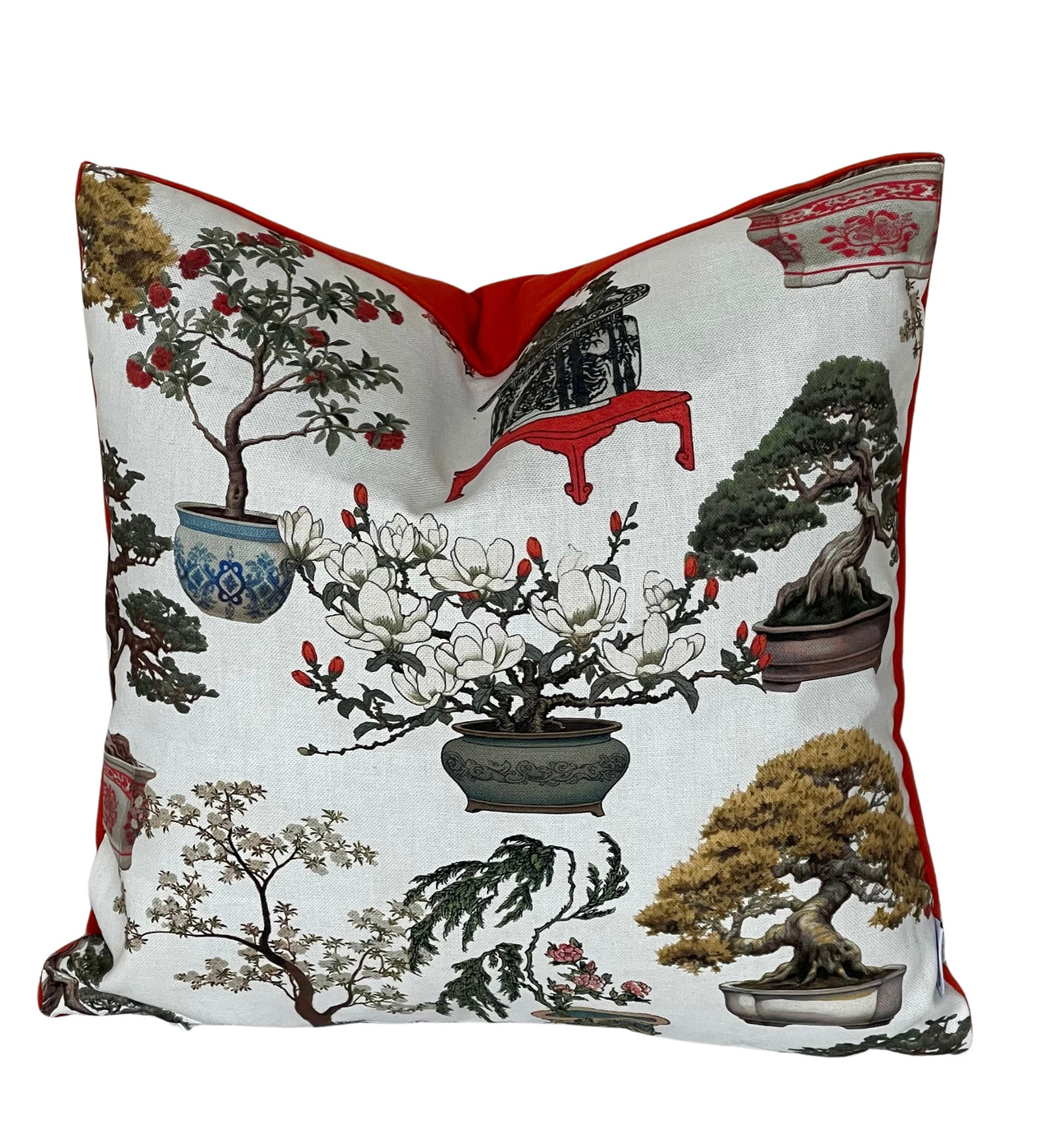 White Cushion Cover – Botanical Oriental Design with Bonsai Trees, Floral Blooms and Ming Pottery