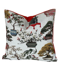 Thumbnail for White Cushion Cover – Botanical Oriental Design with Bonsai Trees, Floral Blooms and Ming Pottery