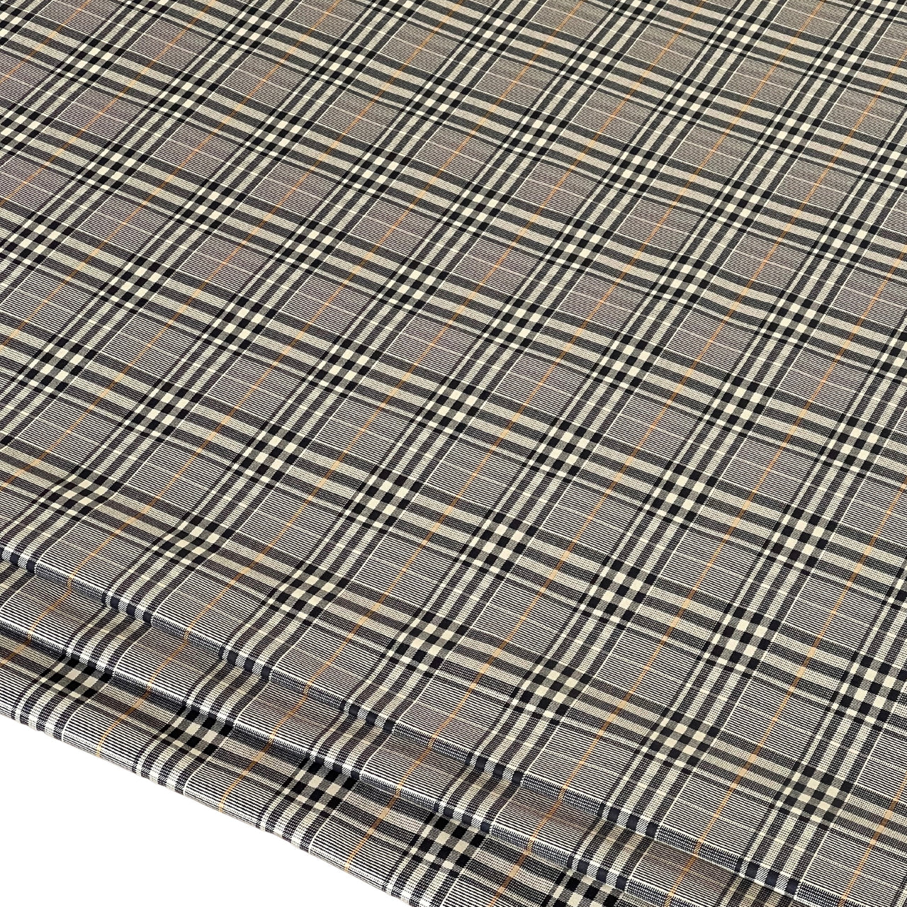 Windsor Plaid Fabric – Black & Cream Check with Gold Stripe – Organic Cotton Upholstery