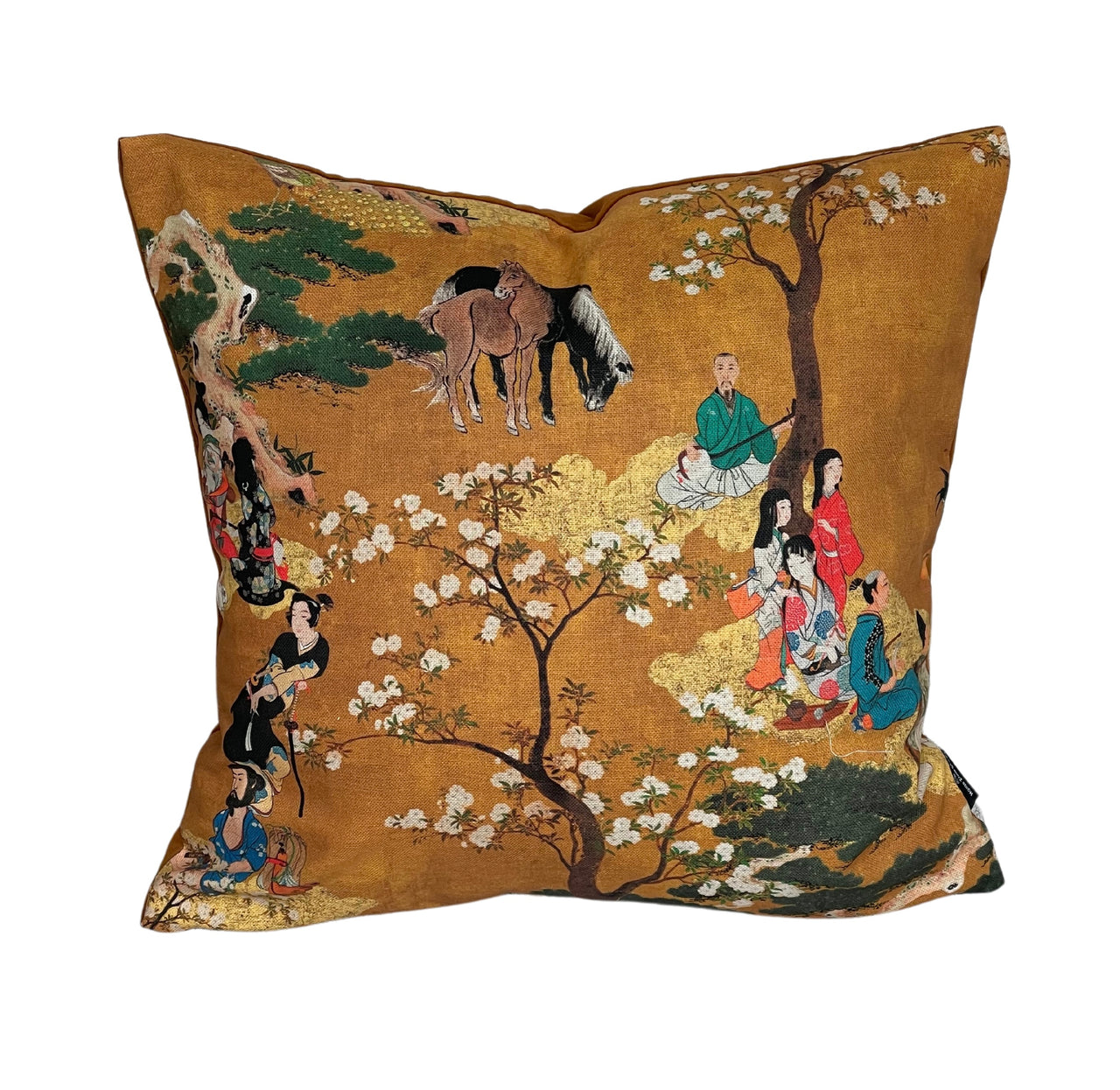 Oriental Cushion Cover – Geisha & Samurai in Mustard Yellow Cotton, Cherry Blossom Design