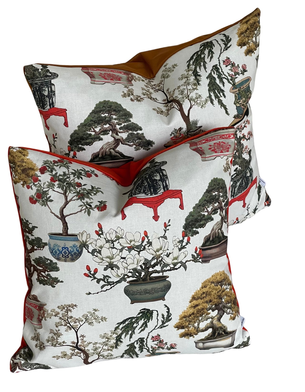 White Cushion Cover – Botanical Oriental Design with Bonsai Trees, Floral Blooms and Ming Pottery