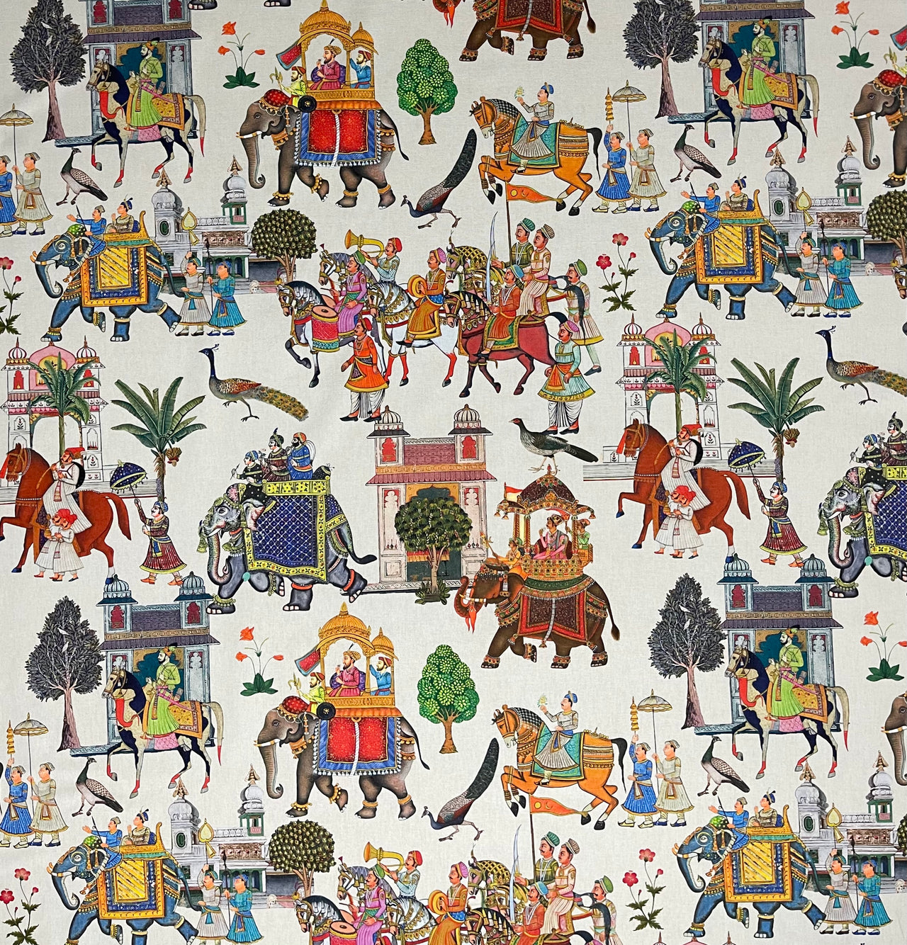 Custom - Made to Measure Roman Blinds - Jaipur Pattern with Off-White Cotton Fabric featuring Elephants, Palm Trees, Birds, and Animals