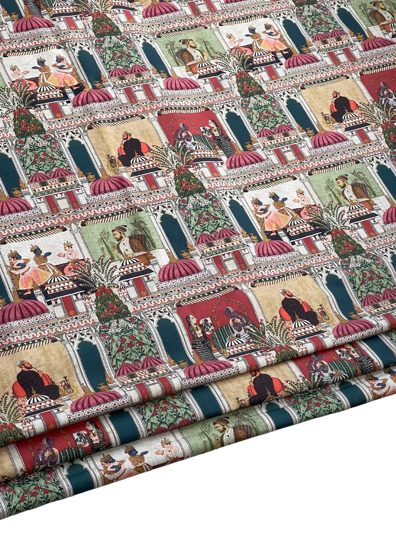 Raj Mahal Fabric - Organic Cotton, Emerald with Indian Gods, Pagodas & Floral Motifs for Home Décor