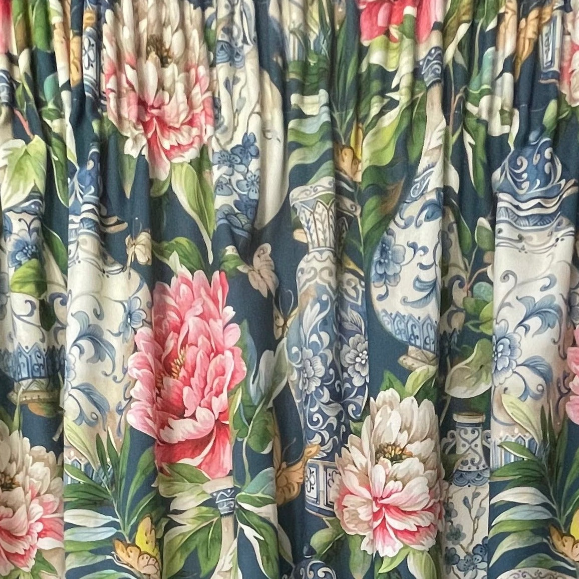 Custom Made to Measure / Pair of Cotton Curtains / Oriental Design Jardin Floral Cotton / Pencil Pleat / Bespoke Home Decor