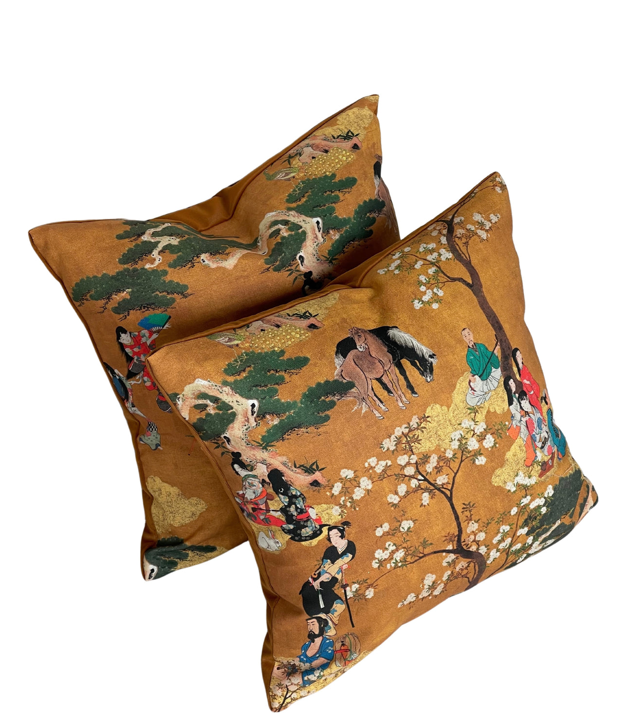 Oriental Cushion Cover – Geisha & Samurai in Mustard Yellow Cotton, Cherry Blossom Design