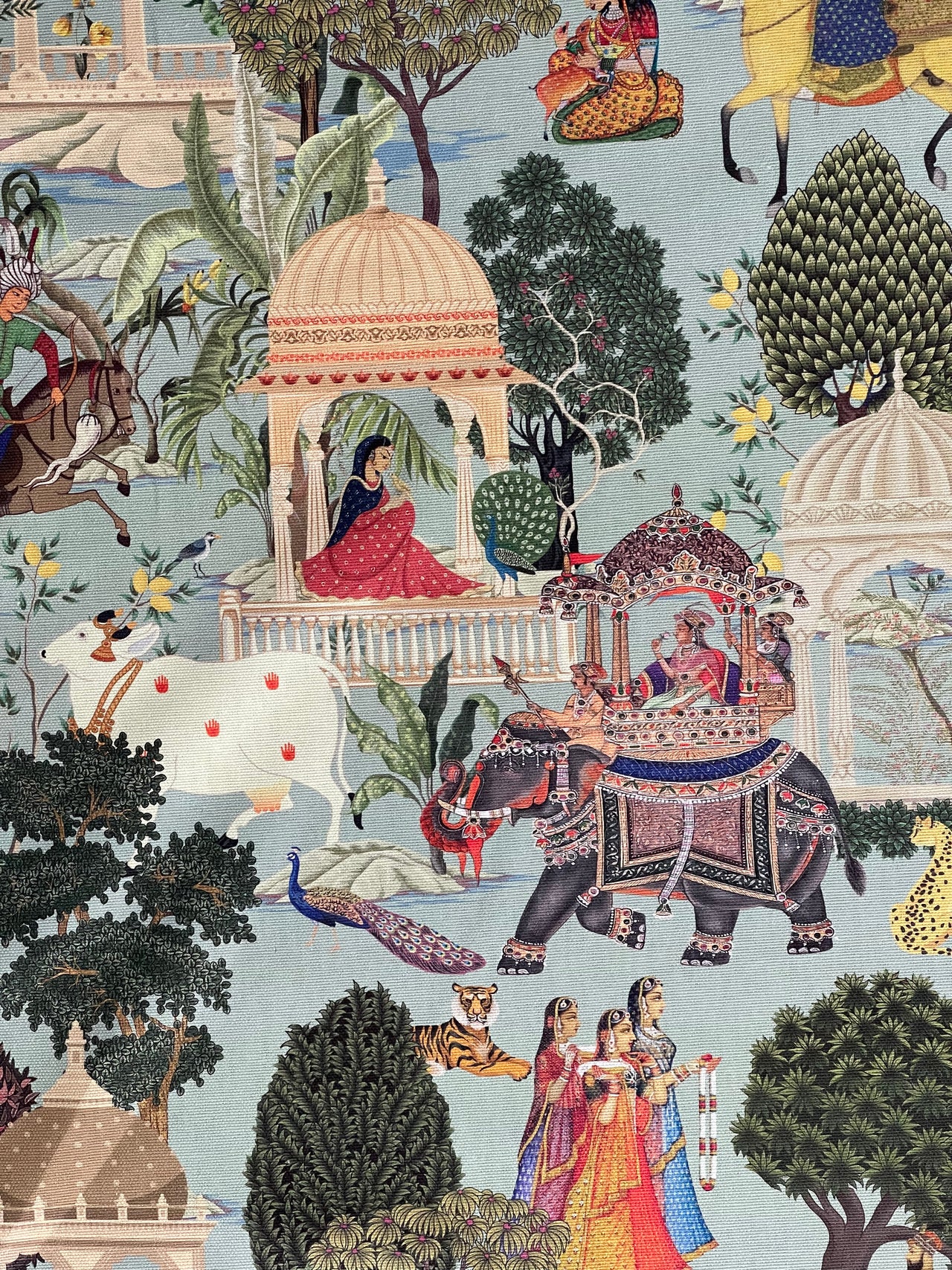 Custom-Made to Measure Roman Blinds - Regalia Pattern on Duck Egg Cotton Fabric with Elephants, Horse, Pagodas, and Trees