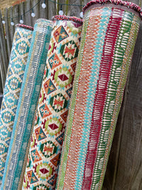 Thumbnail for Moroccan-Inspired Kilim Afghan Old Rug: Blue, Yellow, and Green Stripes - Elevate Your Unique Home Decor - Sold by the Metre