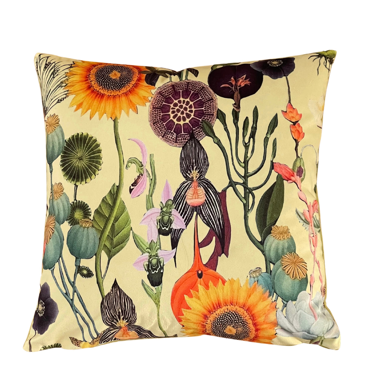 Vintage Yellow Velvet Cushion Cover with Poppies and Sunflowers - Art Deco Botanical Design