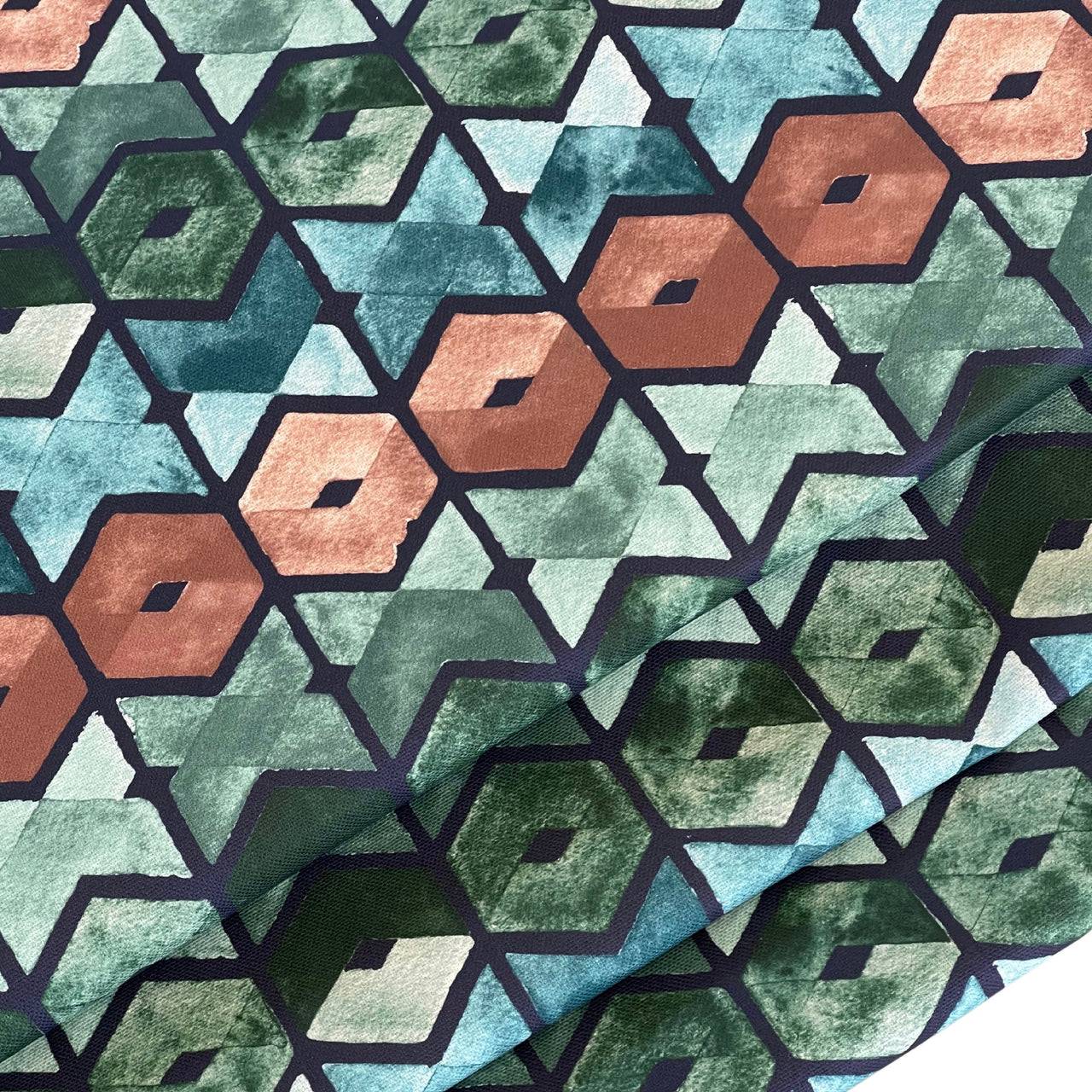 Art Deco Cotton Fabric – Geometric Retro Squares in Blue, Green & Brown for Curtains and Upholstery