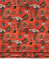 Thumbnail for Bright Red Oriental Fabric - Japanese Botanical Cotton with Bonsai Trees and Asian Flower Pots