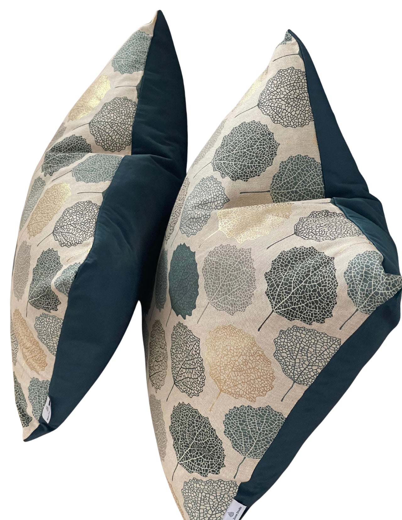 Teal Gold Grey Veins Leaf Cushion Cover - Nature-Inspired Scandi Geometric Pattern