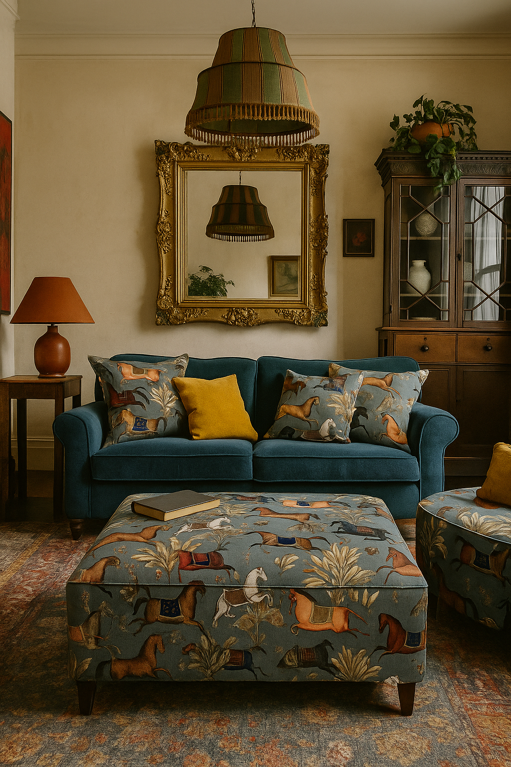 Living room with blue sofa, patterned ottoman, and decorative pillows.