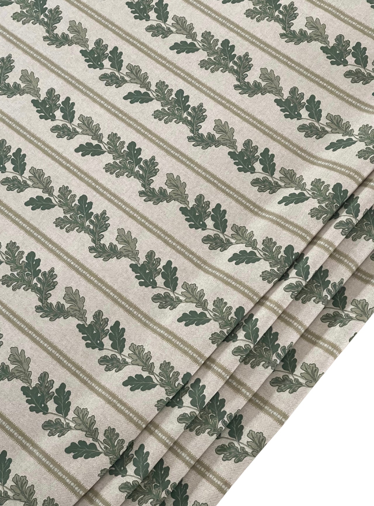 Green Stripes & Oak Leaves Cotton Linen Fabric – Rustic Country Decor, Perfect for Curtains, Cushions and Crafts