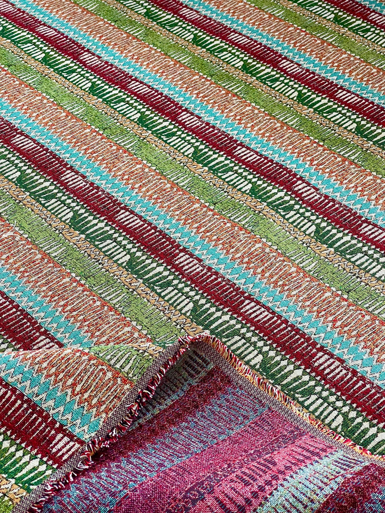 Moroccan-Inspired Kilim Fabric: Cherry Red, Blue, and Green Stripes - Sold by the Metre - Unique Home Decor Textile