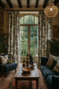 Thumbnail for Elegant botanical window curtains with nature-inspired print, styled in boho living room with dark wood and earthy tones.

