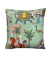 Thumbnail for Indian-Inspired Green Cushion Cover with Maharaja Horses, Elephants, Trees, and Peacocks