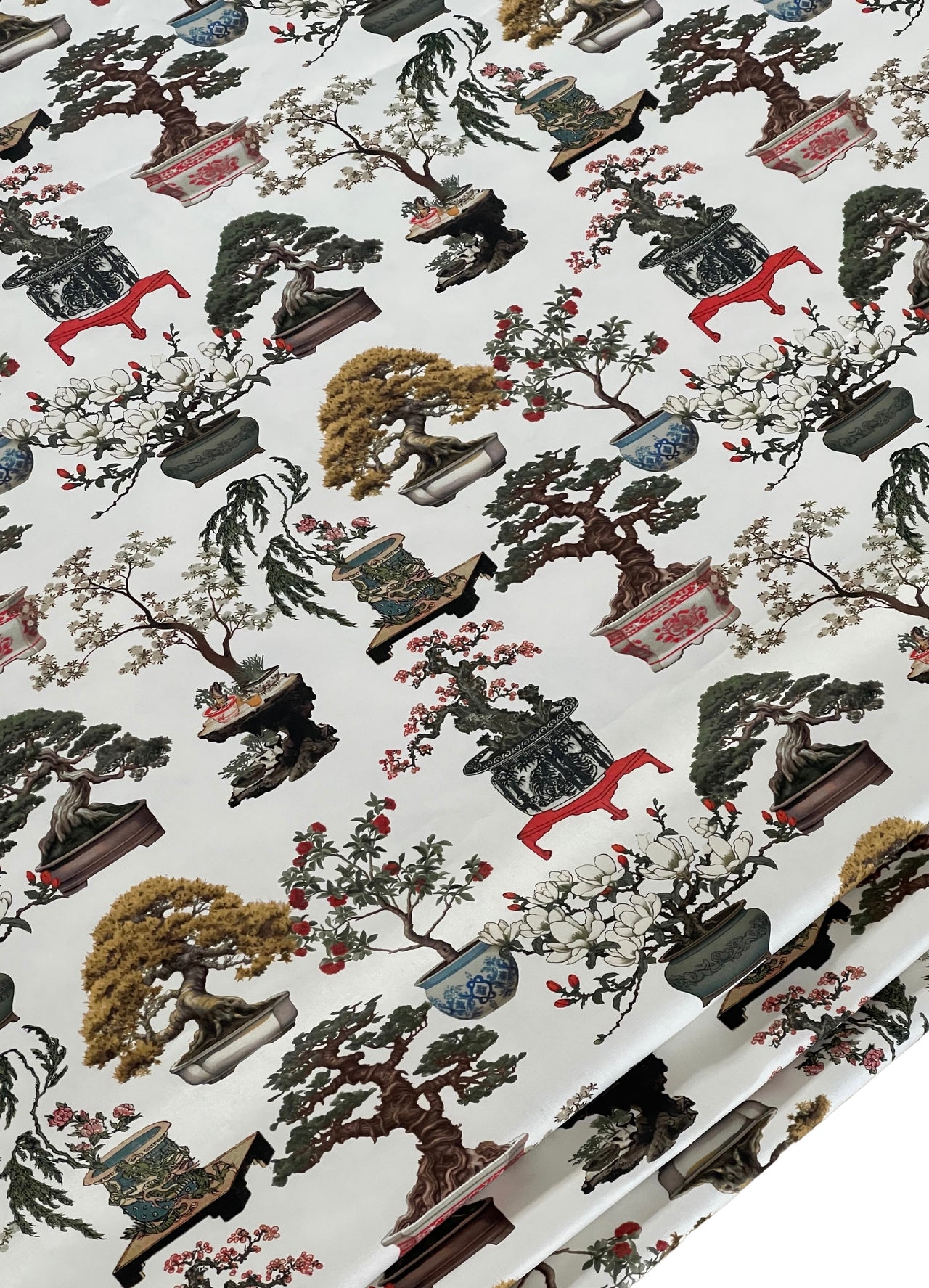 White Oriental Fabric - Japanese Botanical Cotton with Bonsai Trees and Asian Flower Pots