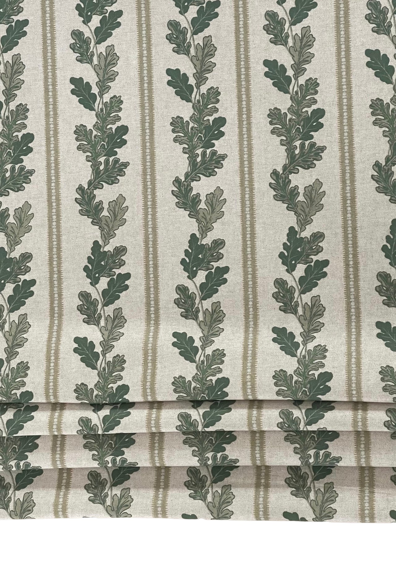 Green Stripes & Oak Leaves Cotton Linen Fabric – Rustic Country Decor, Perfect for Curtains, Cushions and Crafts