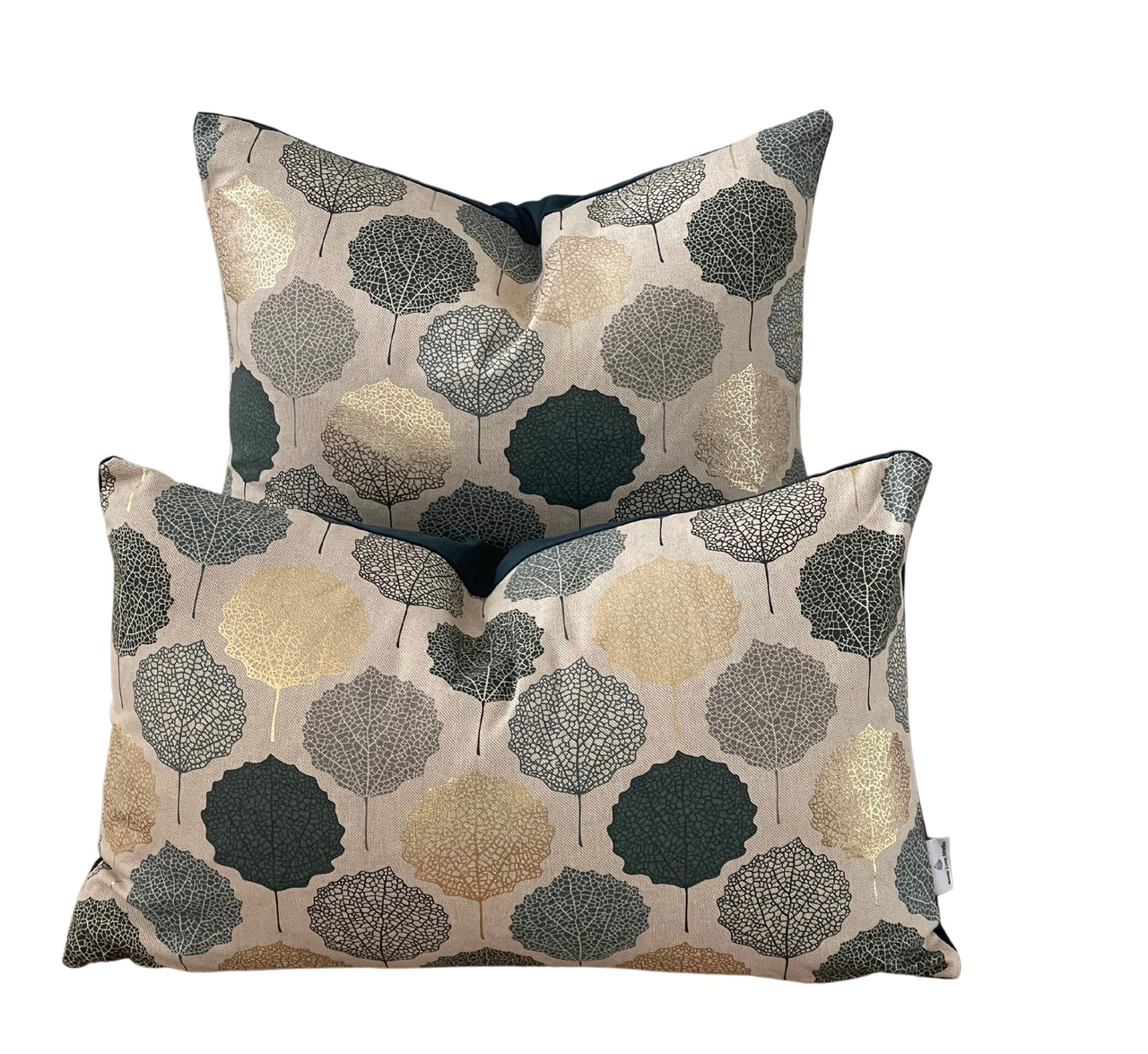 Teal Gold Grey Veins Leaf Cushion Cover - Nature-Inspired Scandi Geometric Pattern