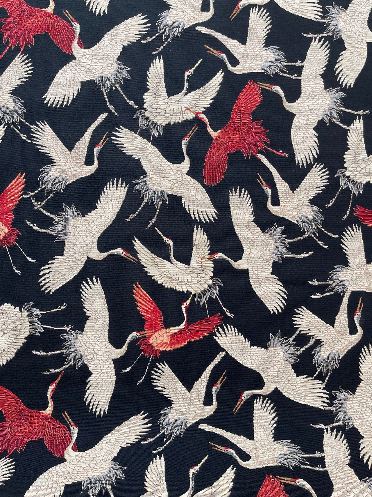 Japanese-Inspired Flying Cranes Black Woven Fabric By The Meter : Graceful Fusion of Elegance and Simplicity