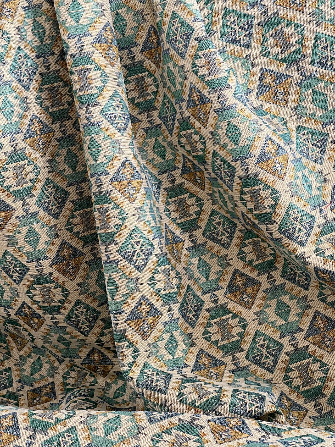 Moroccan-Inspired Kilim Fabric: Blue, Yellow, and Green - Elevate Your Unique Home Decor - Sold by the Metre