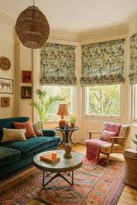 Thumbnail for Eclectic living room featuring custom-made Roman blinds using Regalia Indian cotton fabric in a bay window setting.