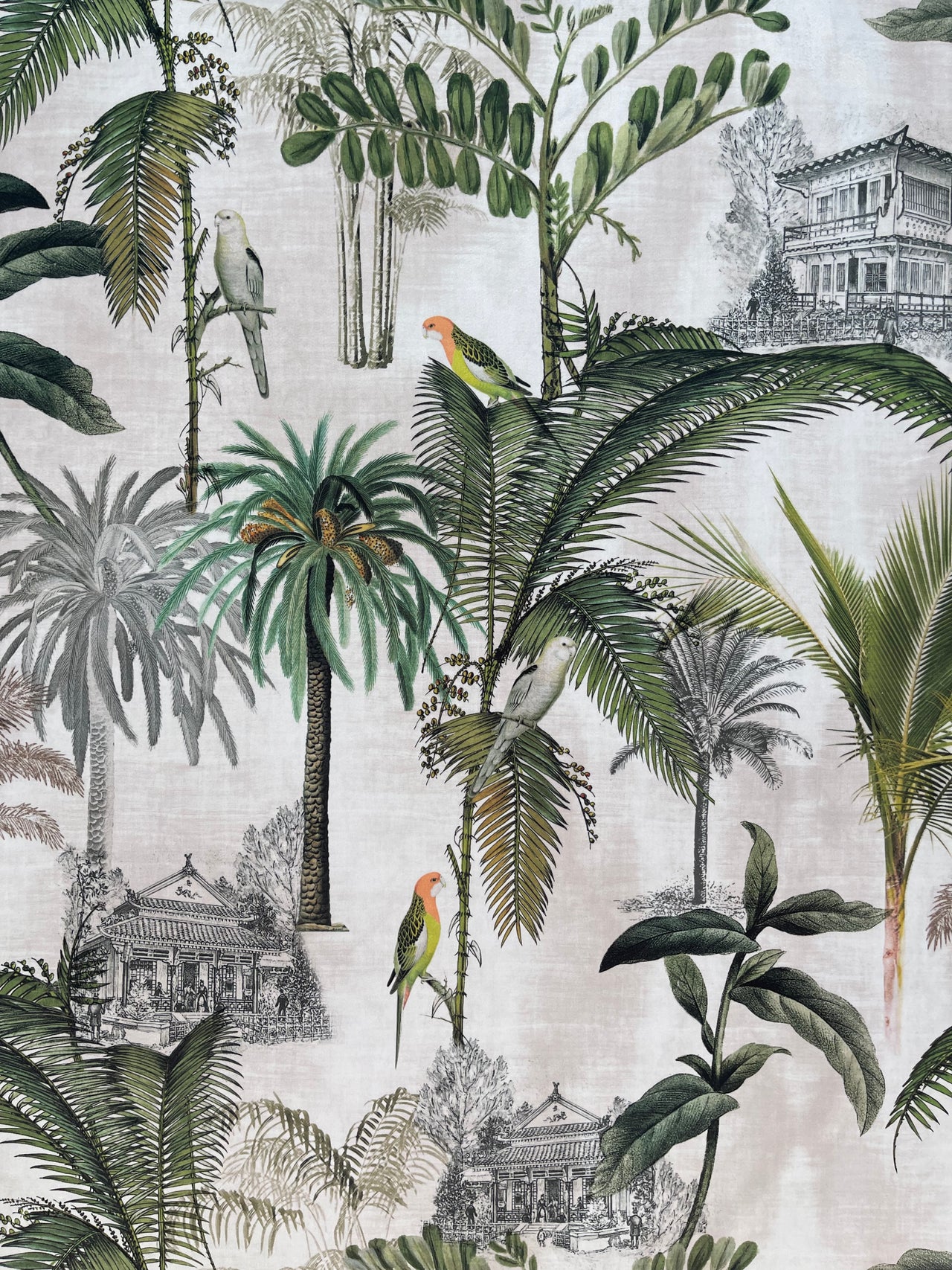 Exquisite Vintage Pagoda Parrots Velvet: Tropical Tree Greenery – Sold by the Meter